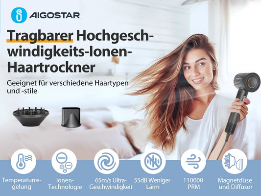 Aigostar Nora - Hair Dryer, 110,000 rpm High-Speed Hair Dryer with 200 Million Negative Ions, 55 dB Low-Noise Hair Dryer